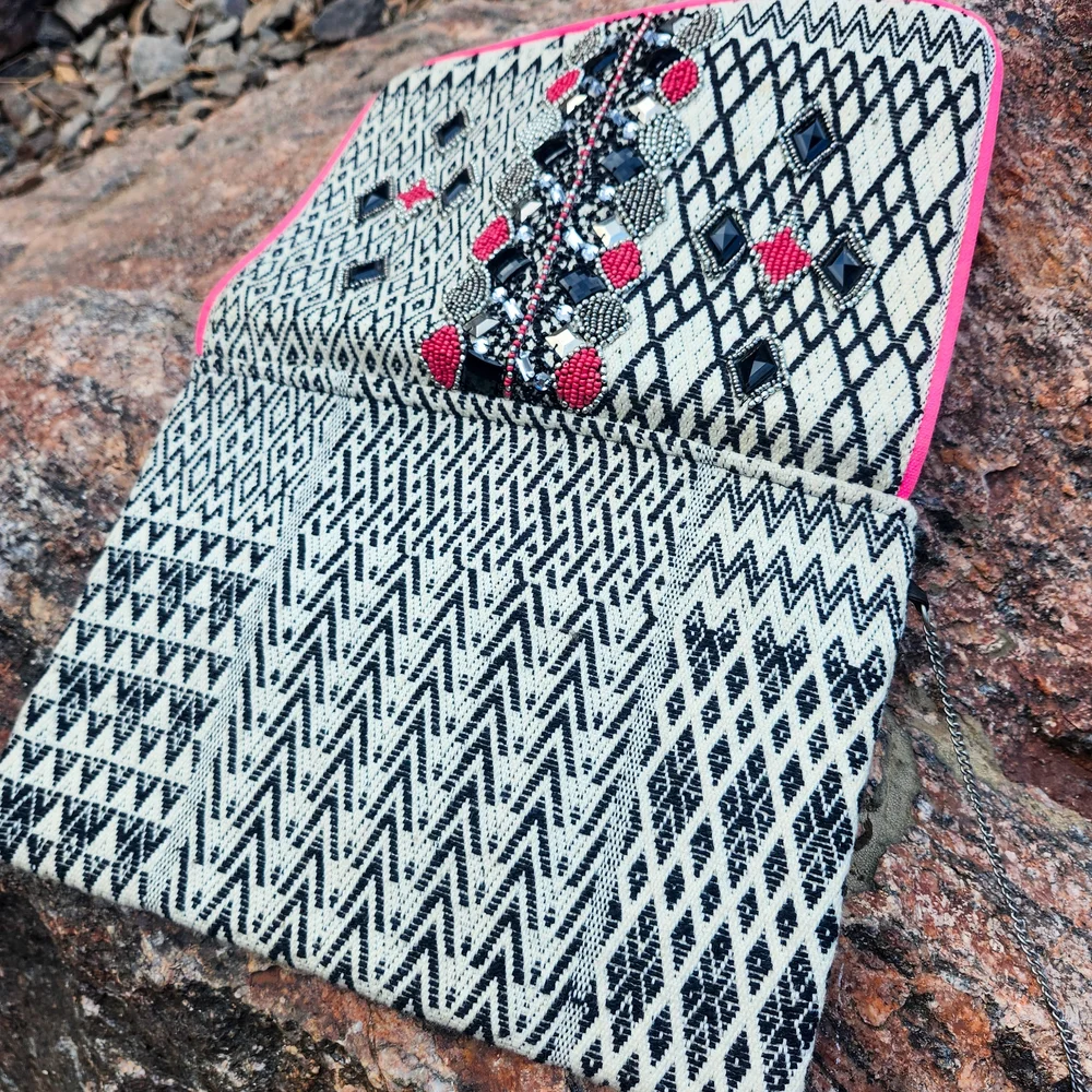 Angie Beaded Clutch Crossbody Tribal Aztec Pattern Pink Trim Chain Strap Boho